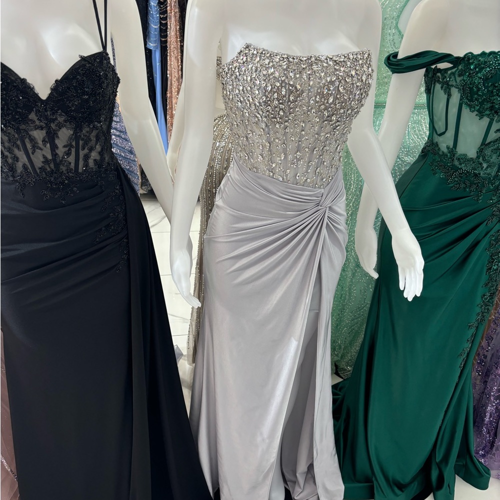 Silver Asymmetrical Ruched Long Sleeve Gown